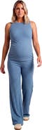 24seven Comfort Apparel Maternity Basic Ribbed Knit Tank Top and Elastic Waist Wide Leg Pant Set