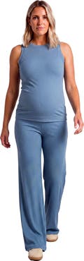 24seven Comfort Apparel Maternity Basic Ribbed Knit Tank Top and Elastic Waist Wide Leg Pant Set