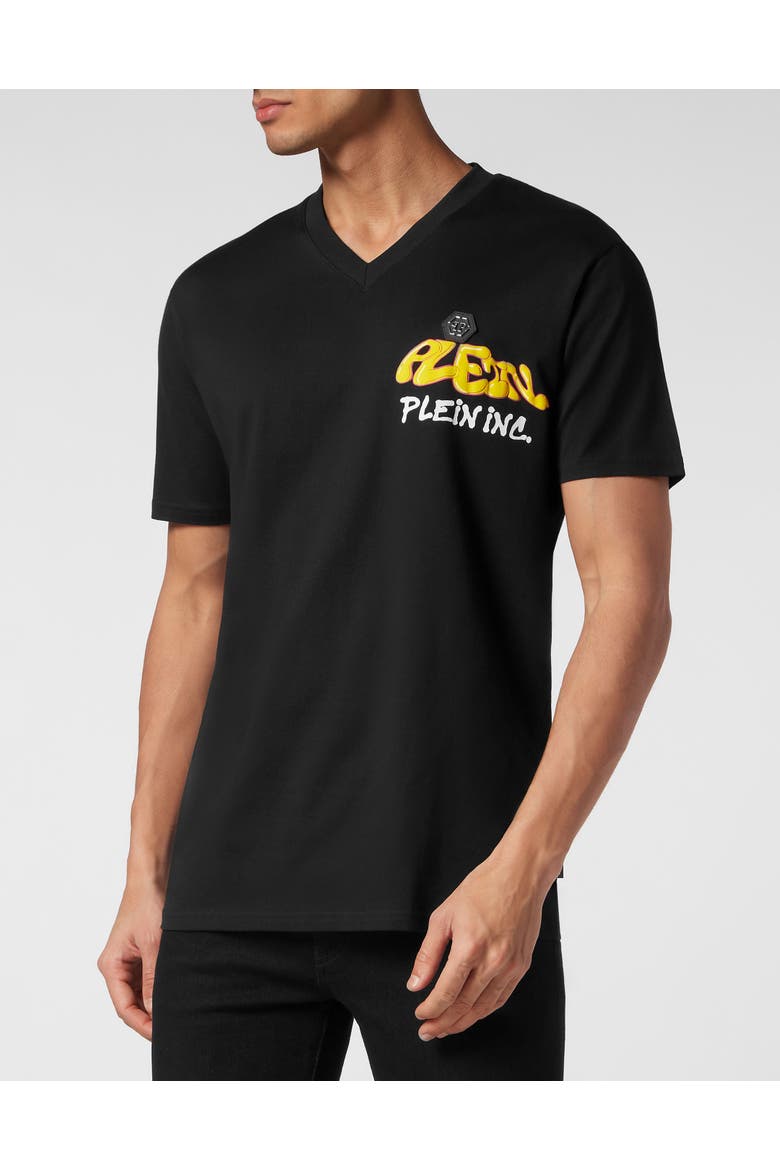 T-Shirt V Neck Ss Bombing Graffiti Men, Main, color, black