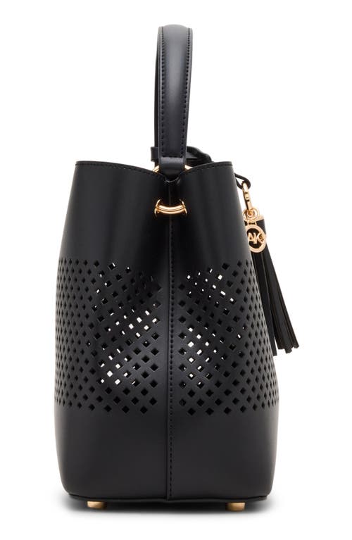 Shop Anne Klein Perforated Satchel In Black/black/metallic Gold