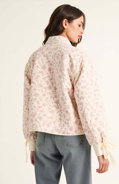 Modenaire Floral Quilted Jacket With Puff Sleeves And Satin Bow Cuffs In Metallic