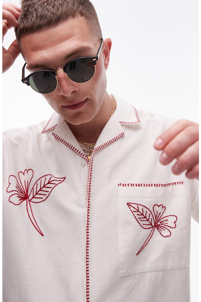 Embroidered Cotton & Linen Camp Shirt, Alternate, color, WHITE