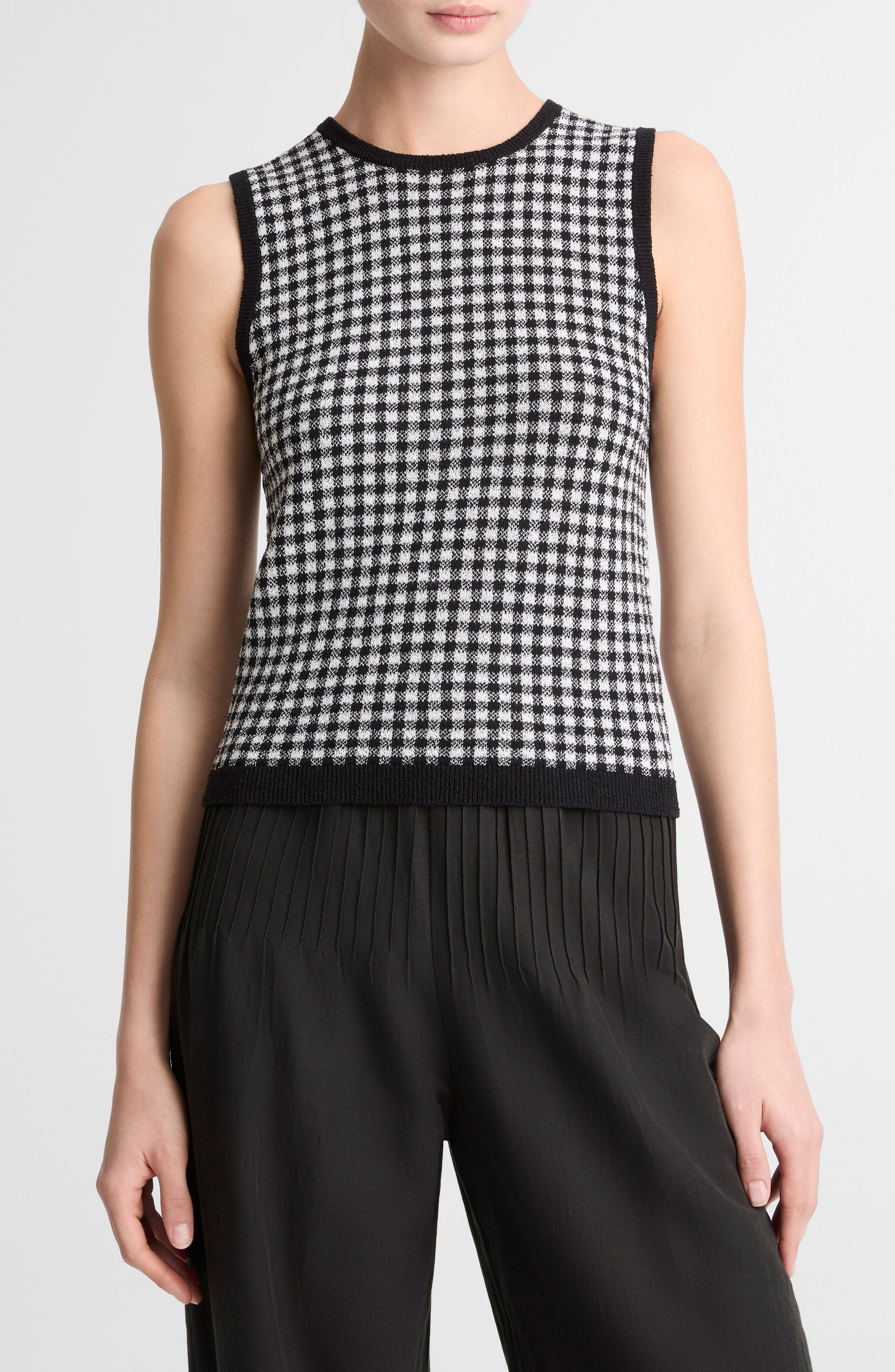 Gingham Check Sleeveless Wool & Cotton Blend Sweater