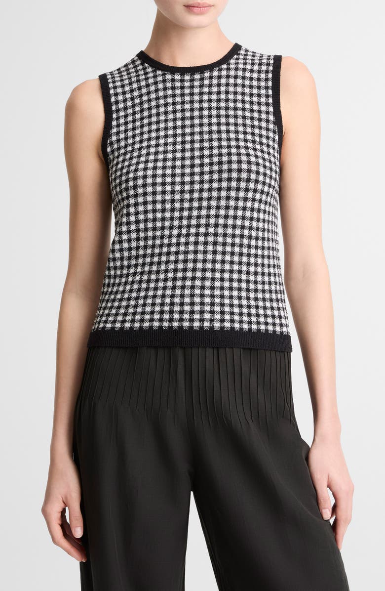 Vince Gingham Check Sleeveless Wool & Cotton Blend Sweater, Main, color, Black/ Off White