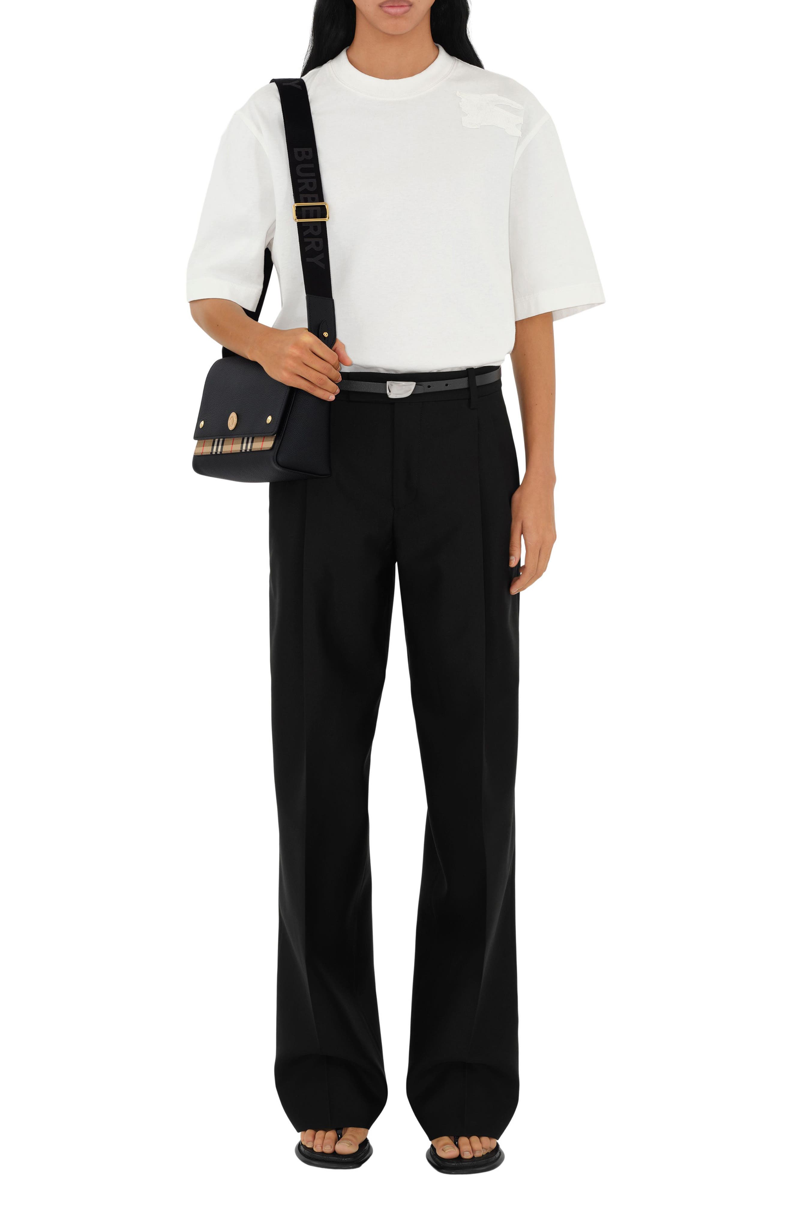 Burberry Note Leather & Vintage Check Crossbody Bag, Alternate, color, Black