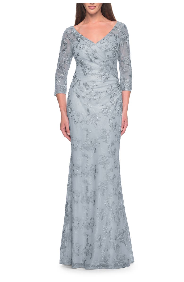 La Femme Pastel Lace Mother of the Bride Gown with Three Quarter Sleeves, Main, color, Dusty Blue