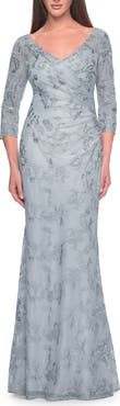 La Femme Pastel Lace Mother of the Bride Gown with Three Quarter Sleeves