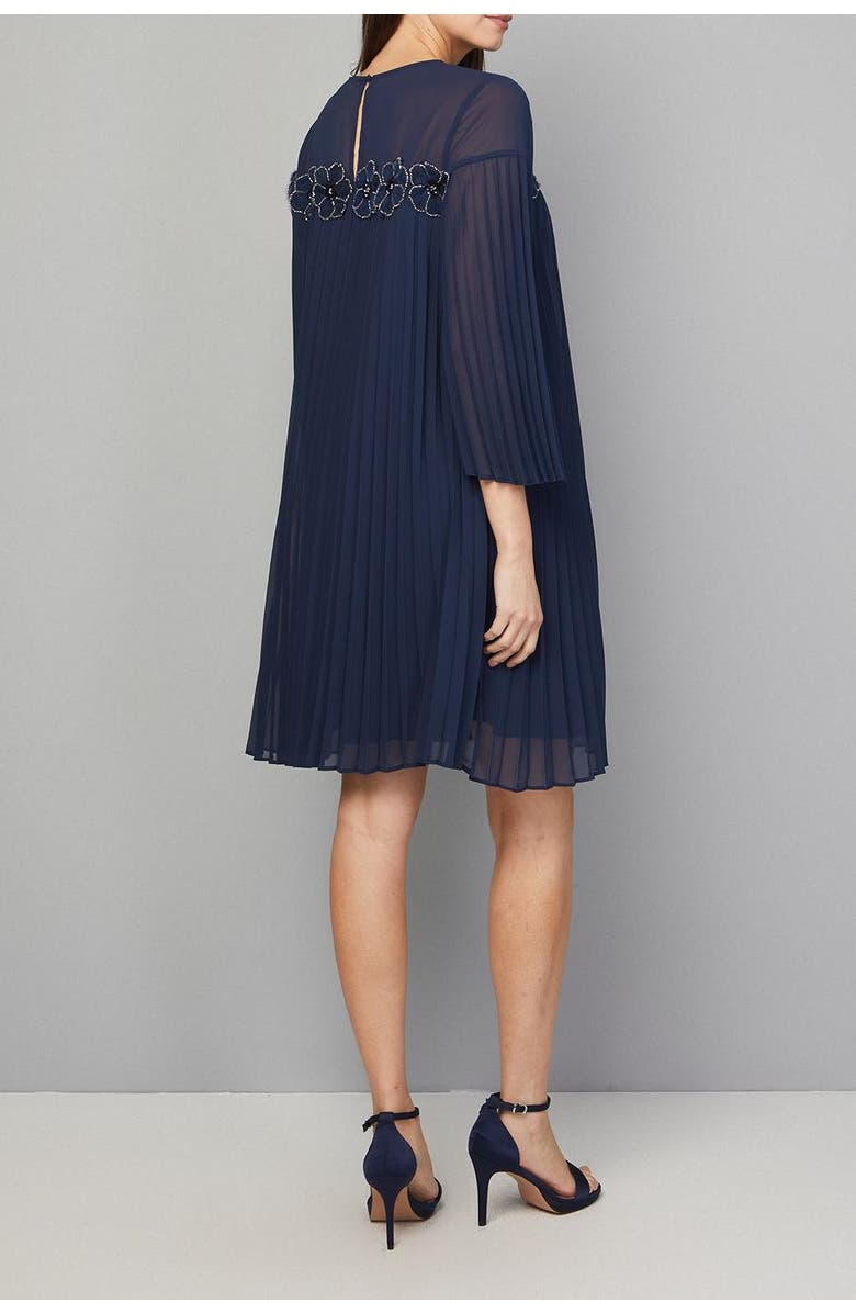 Wallis Pleated Floral Trim Shift Dress, Alternate, color, Navy