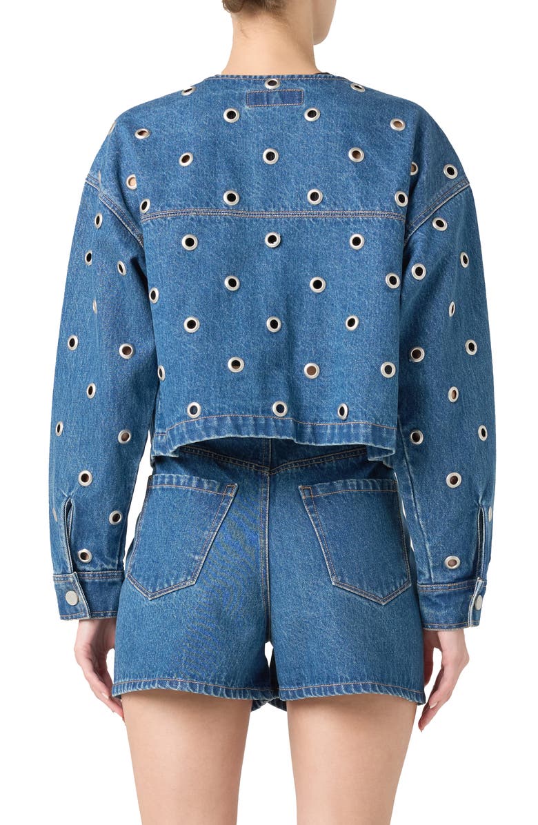 BLANKNYC Grommet Collarless Crop Denim Jacket, Alternate, color, Silver Dreams