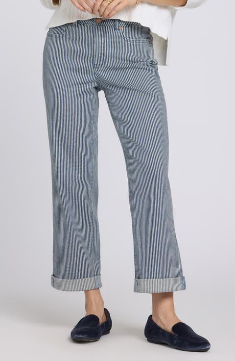 NYDJ Bailey Stripe High Waist Crop Relaxed Straight Leg Jeans (Malaga Stripe) (Petite)
