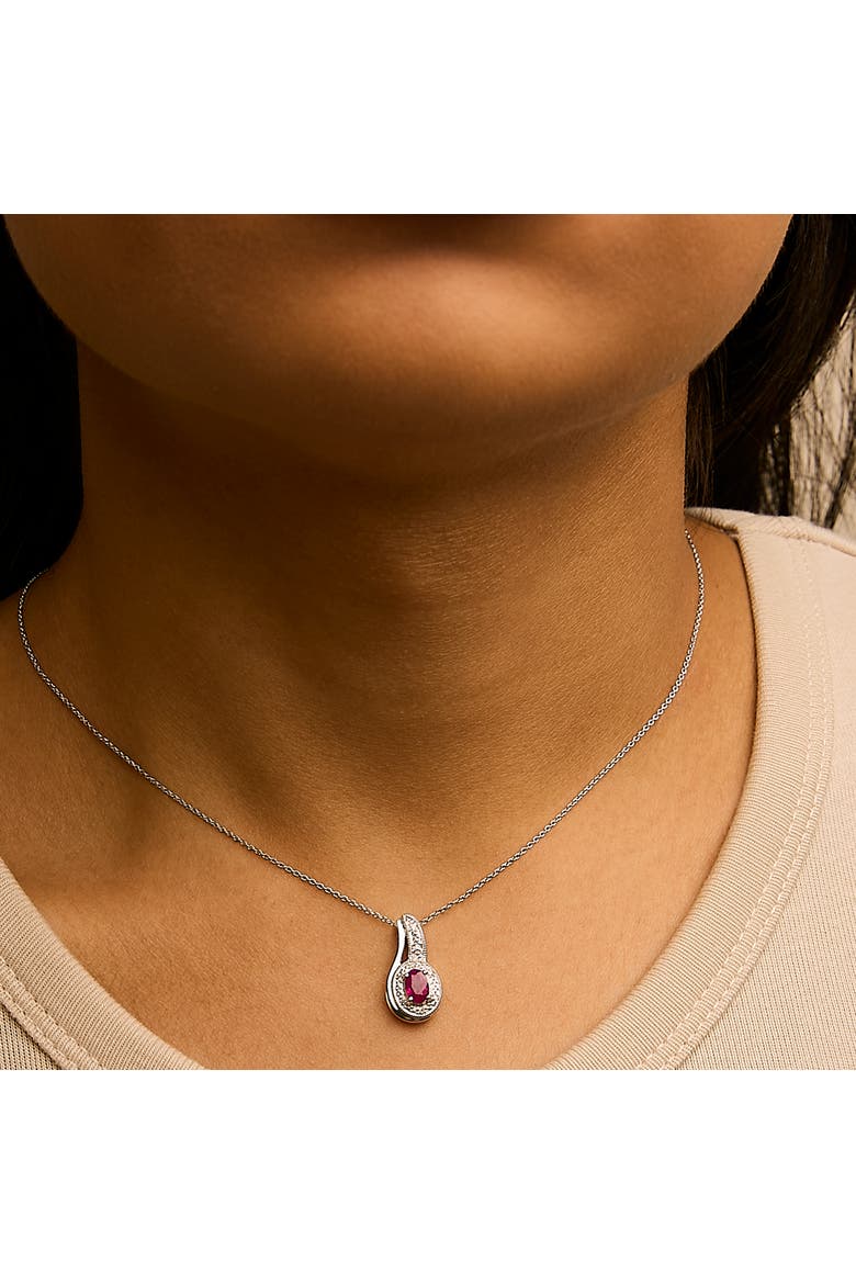 Silver Red Ruby and Diamond Accent Milgrain Swirl Pendant Necklace, Alternate, color, White