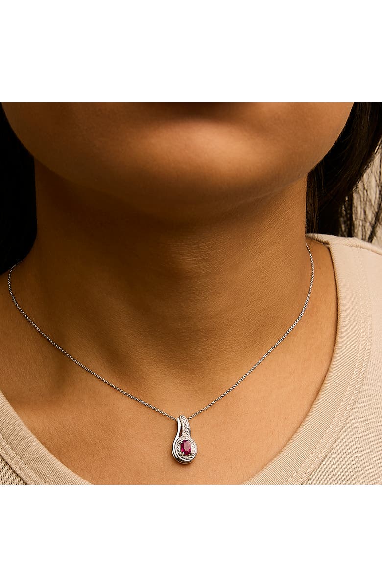 Haus of Brilliance Silver Red Ruby and Diamond Accent Milgrain Swirl Pendant Necklace, Alternate, color, White