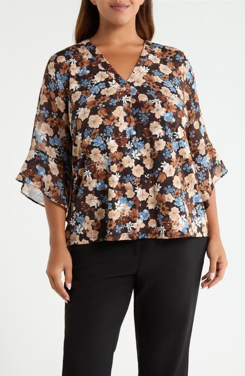 Floral Split Neck Bell Sleeve Top