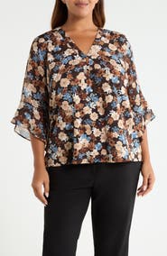 AK ANNE KLEIN Floral Split Neck Bell Sleeve Top