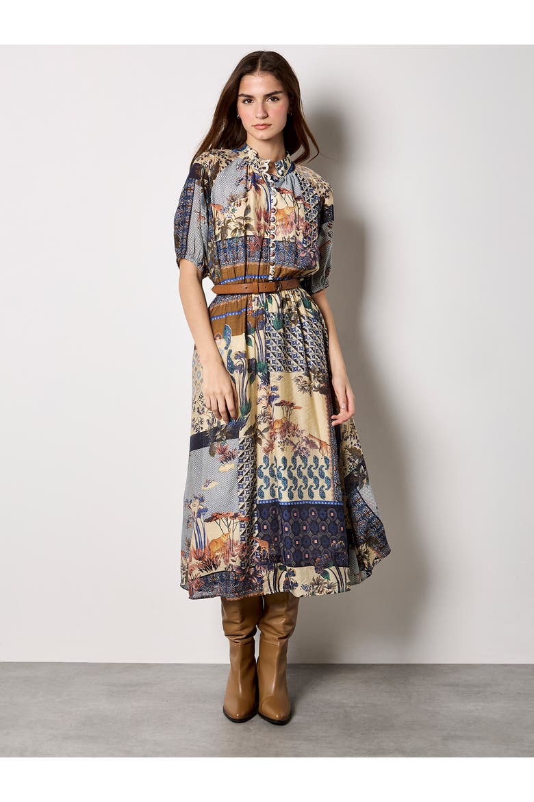 High Neck Patchwork Midi Shirt Dress, Main, color, Navy
