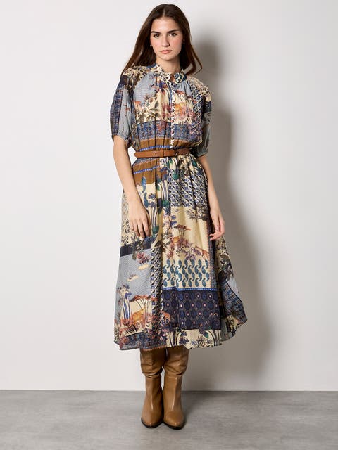 High Neck Patchwork Midi Shirt Dress