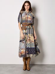 Apricot High Neck Patchwork Midi Shirt Dress