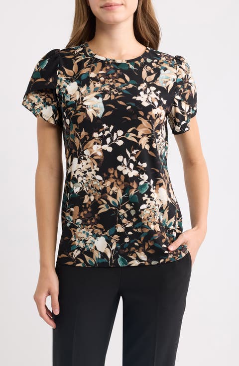 Floral Print Tulip Sleeve Jersey Top