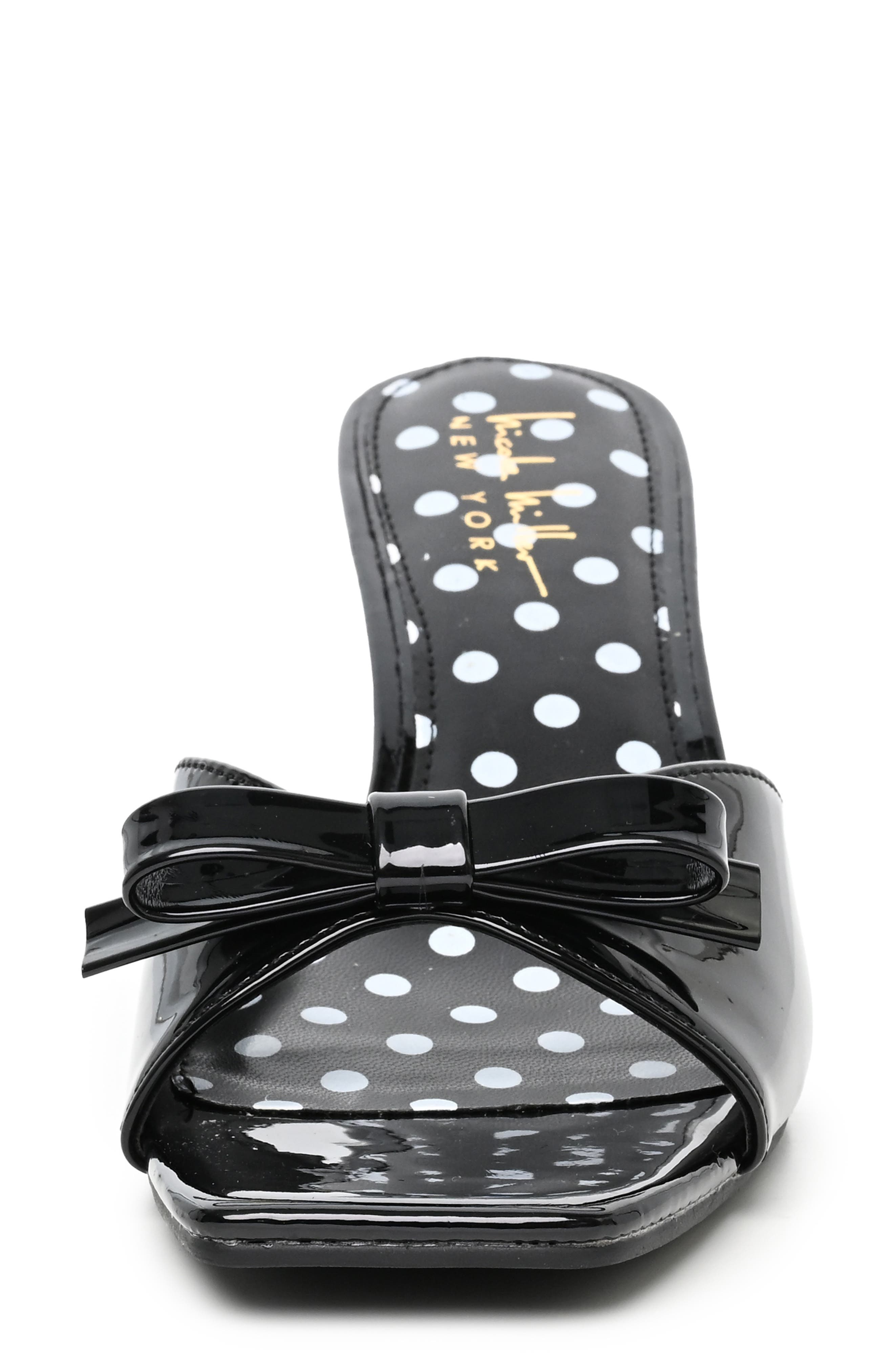 Bow Heeled Sandal, Alternate, color, BLACK PATENT POLKA