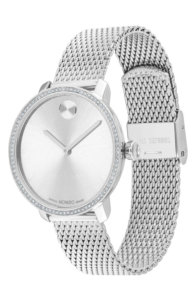 Movado Bold Shimmer Mesh Strap Watch, 34mm, Alternate, color, Silver Dial