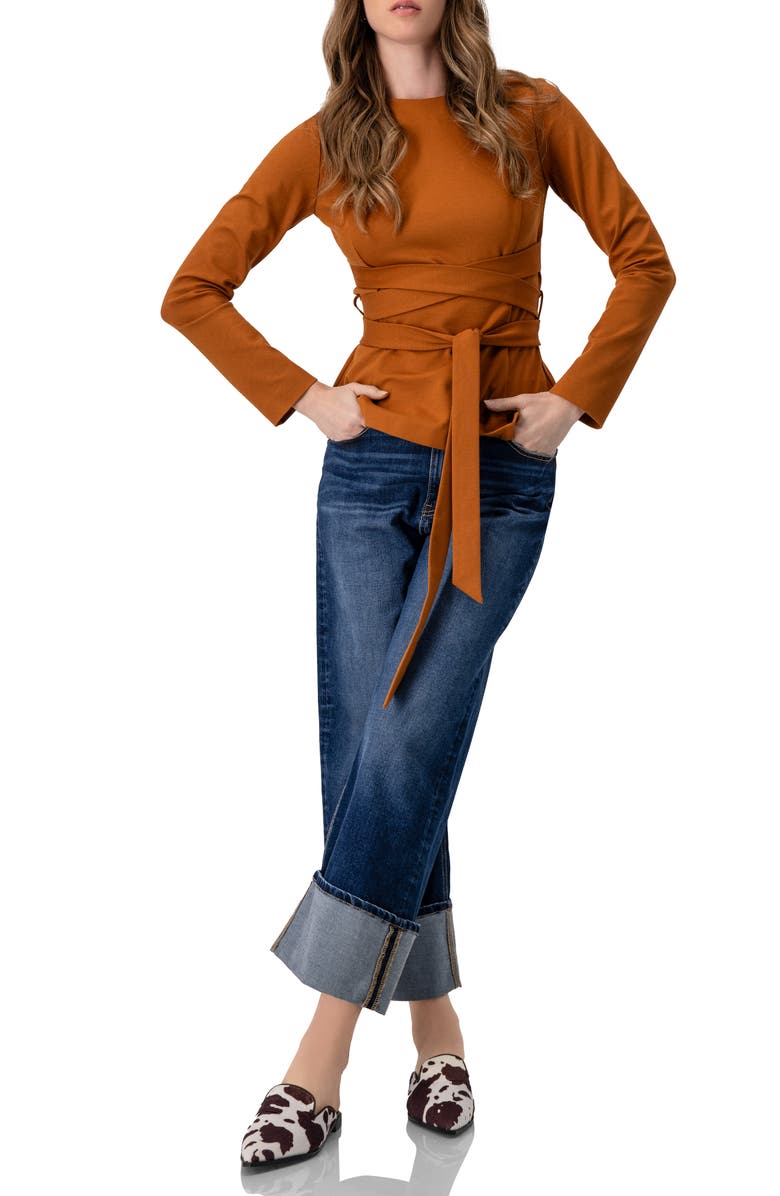 IVONNE Long Sleeve Top with Crossed Tie Straps, Alternate, color, Brown