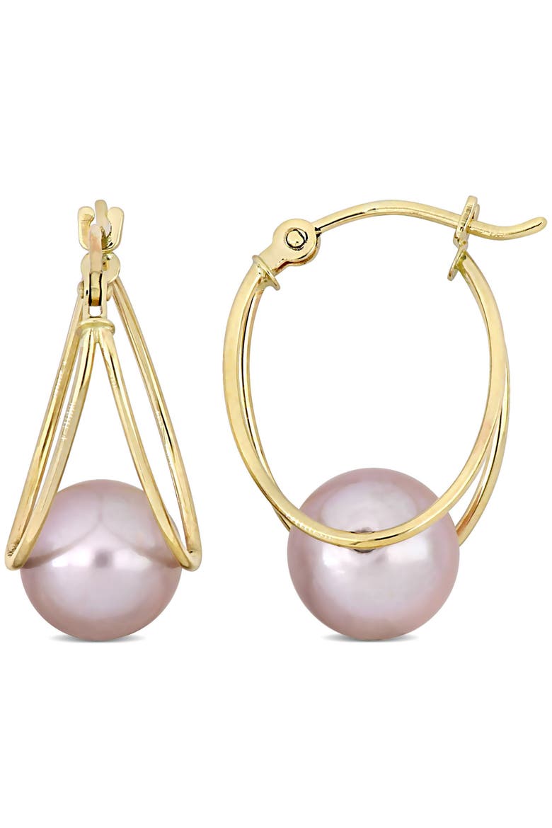 Cultured Pearl Drop Hoop Earrings 10k, Main, color, Pink Pearl/Gold