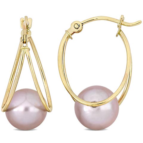 Cultured Pearl Drop Hoop Earrings 10k