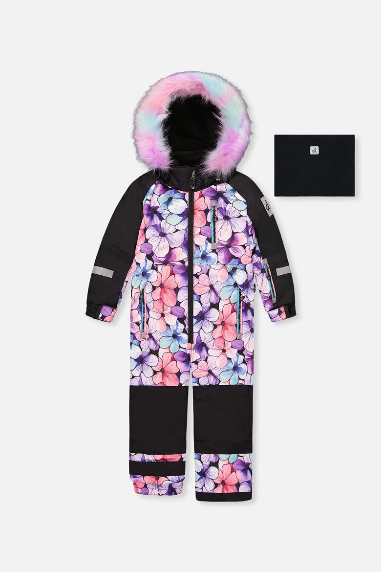 Play Floral Faux Fur Hood & Expandable Sleeve One Piece Snowsuit, Main, color, Purple Floral Print