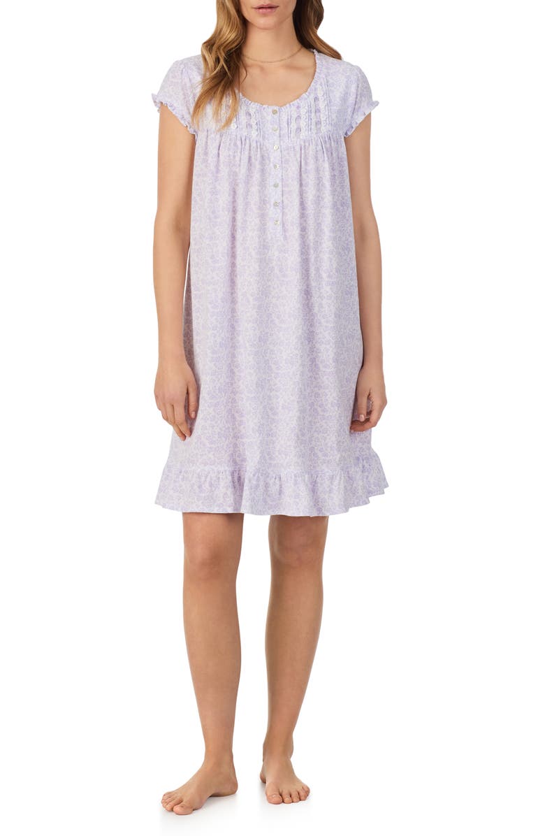 Eileen West Floral Cap Sleeve Short Cotton Jersey Nightgown, Main, color, White/ Lilac