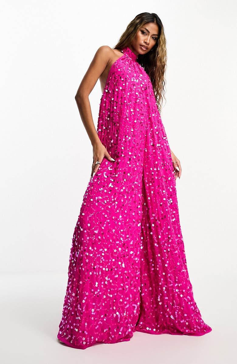 ASOS DESIGN Sequin Halter Neck Open Back Wide Leg Jumpsuit, Main, color, 