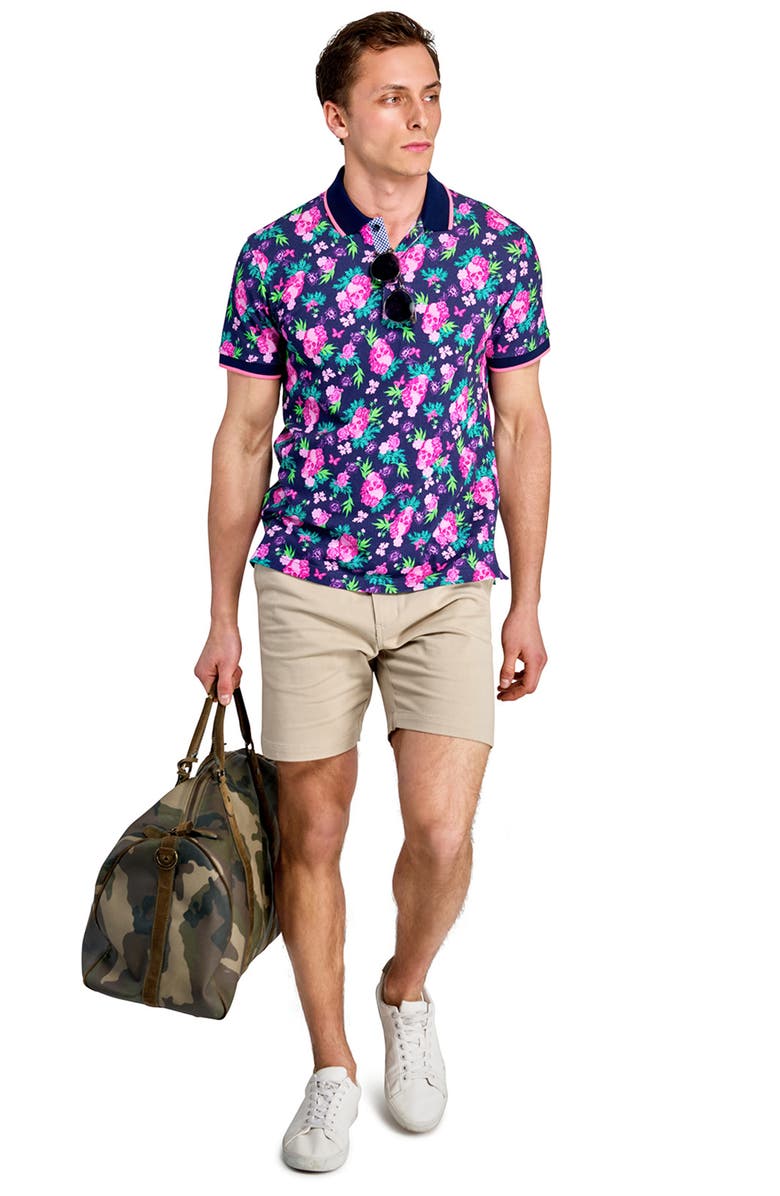 CONSTRUCT Slim Fit Floral Skull Cotton Stretch Pique Polo, Alternate, color, Navy/Pink
