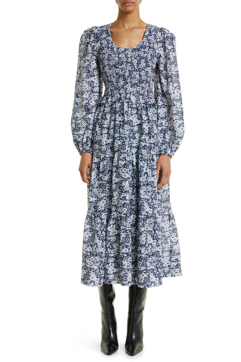 Suzie Smocked Floral Print Long Sleeve Cotton Midi Dress, Main, color, BLUE MULTI
