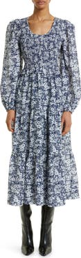 Sea NY Suzie Smocked Floral Print Long Sleeve Cotton Midi Dress