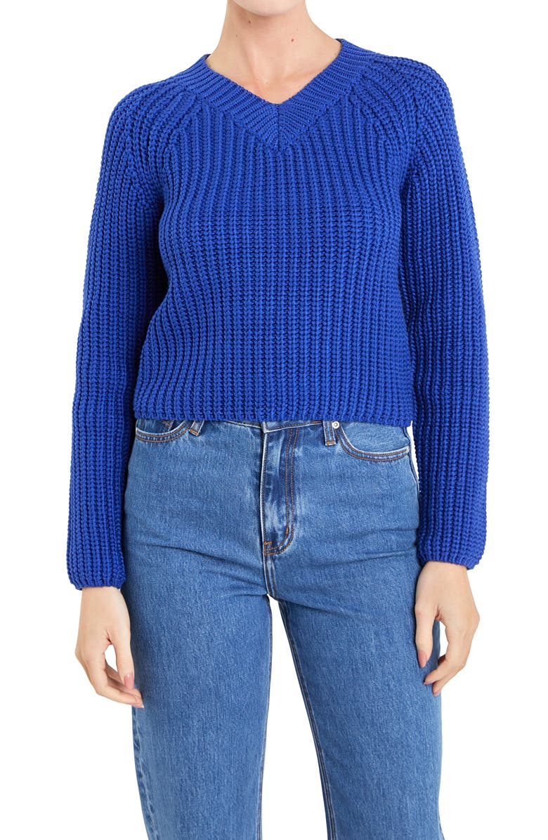 English Factory V-Neck Crop Sweater, Alternate, color, Royal Blue
