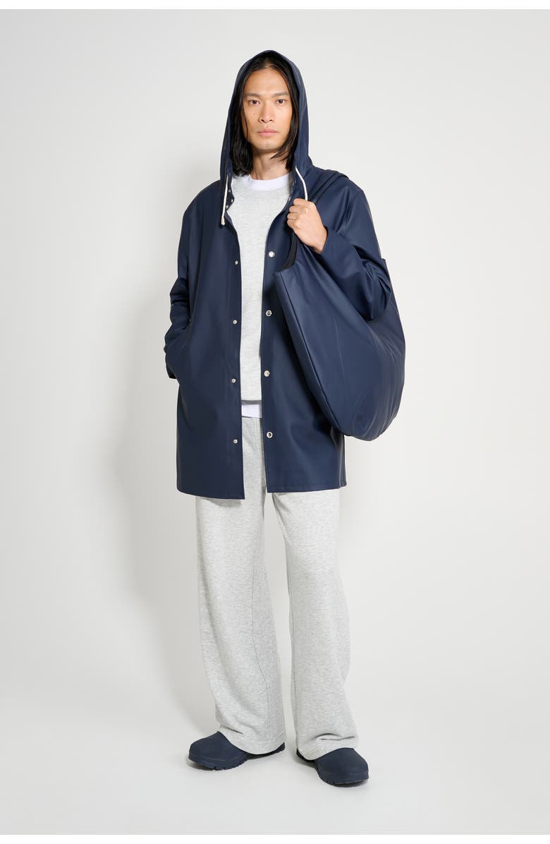 Stutterheim Stockholm Long Sleeve Hooded Raincoat, Main, color, Navy