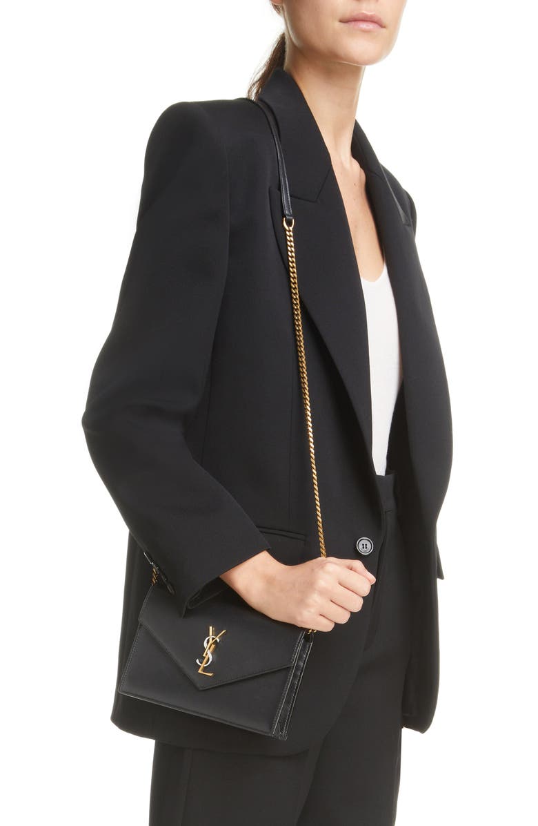 Saint Laurent Envelope Lambskin Leather Wallet on a Chain, Alternate, color,