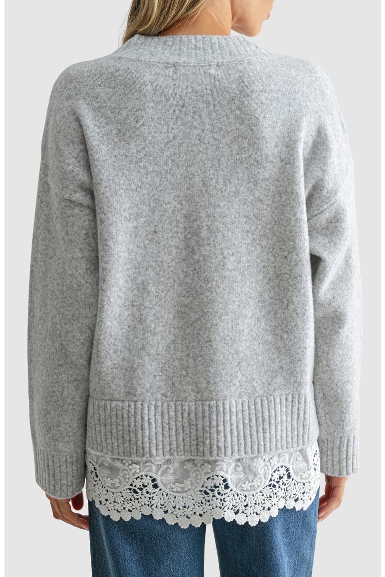 Lace Hem V-Neck Sweater, Alternate, color, HEATHER GREY