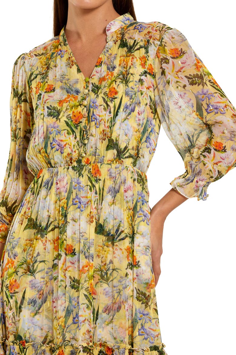 Women's Floral V-Neck Ruffle Tiered Midi Dress with 3/4 Sleeves, Alternate, color, Yellow Multi