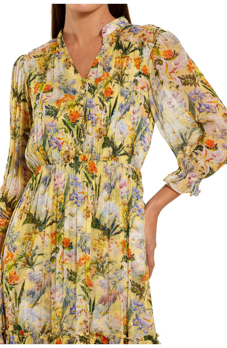 Mac Duggal Floral V-Neck Ruffle Midi Dress with 3/4 Sleeves, Alternate, color, Yellow Multi