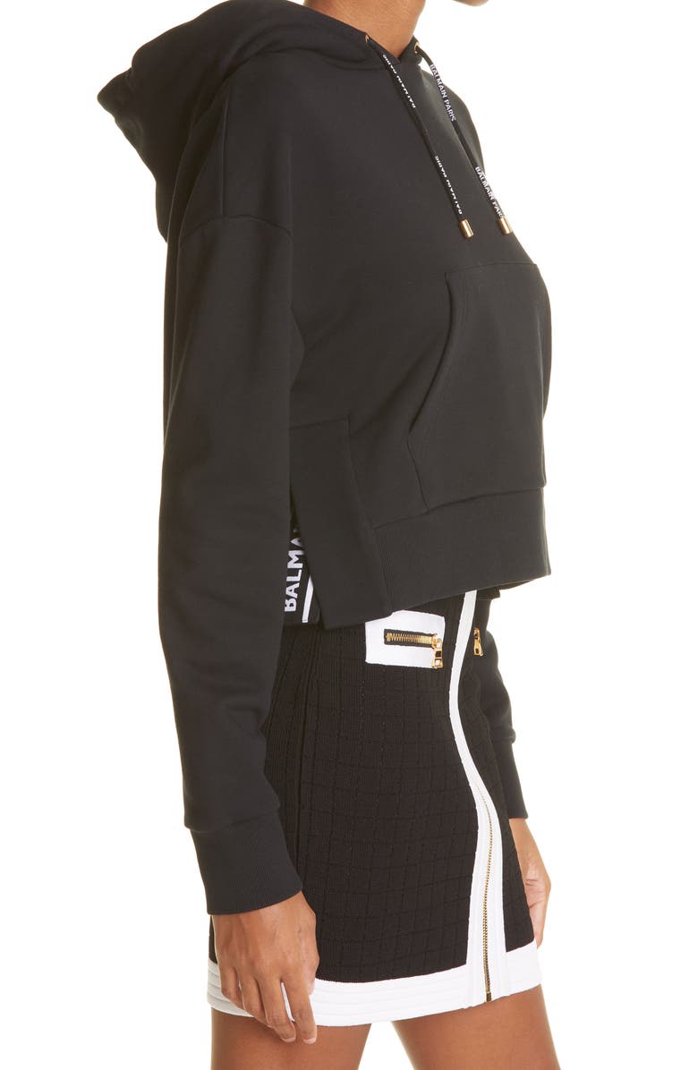 Balmain Flocked Logo Crop Hoodie, Alternate, color, 