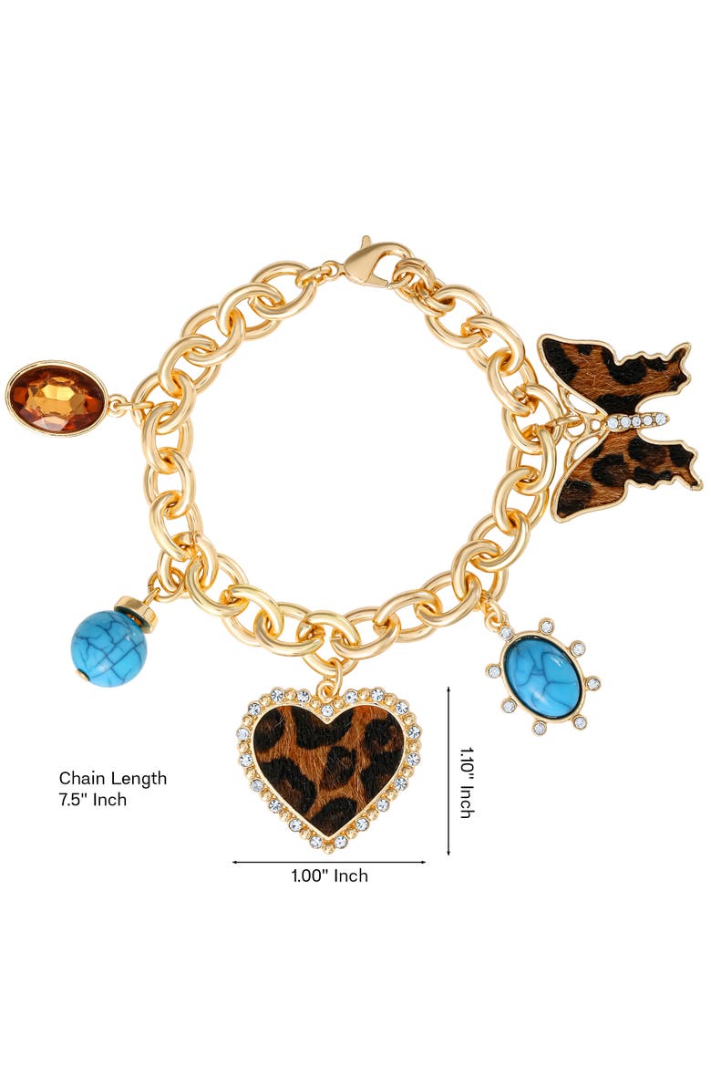 Crystal and Cheetah-Print Butterfly and Heart Charm Bracelet for Women 7.5", Gold-Tone, 5 Charms, Alternate, color, Gold-Tone