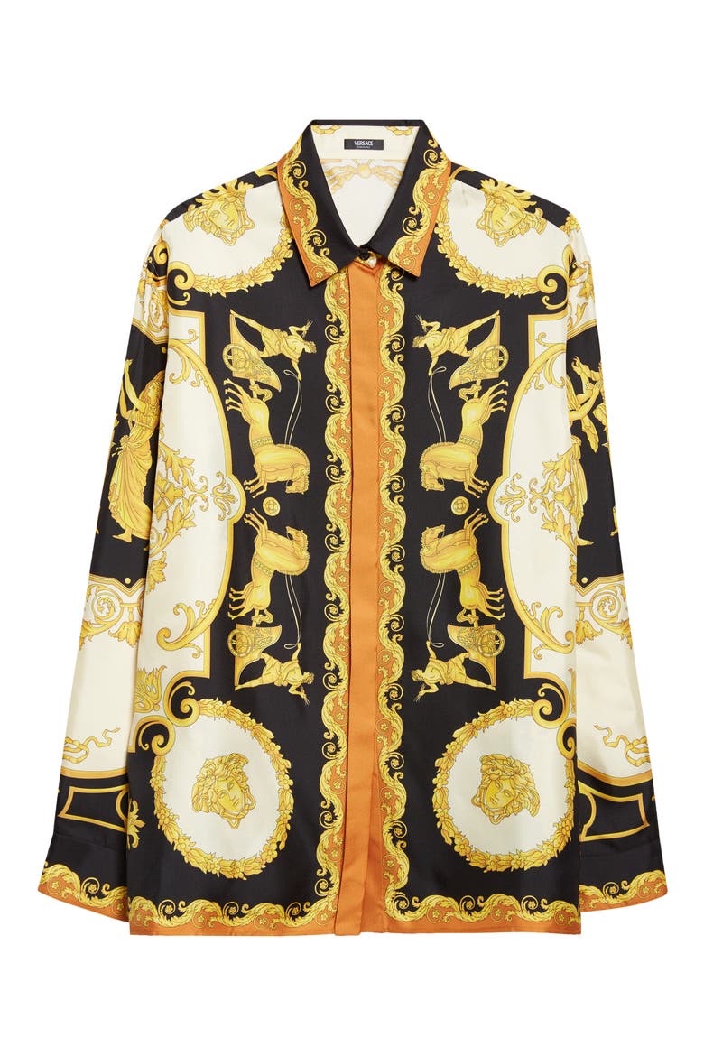 Hall of Heroes Silk Button-Up Shirt, Main, color, BLACK IVORY AUTUMN SPICE