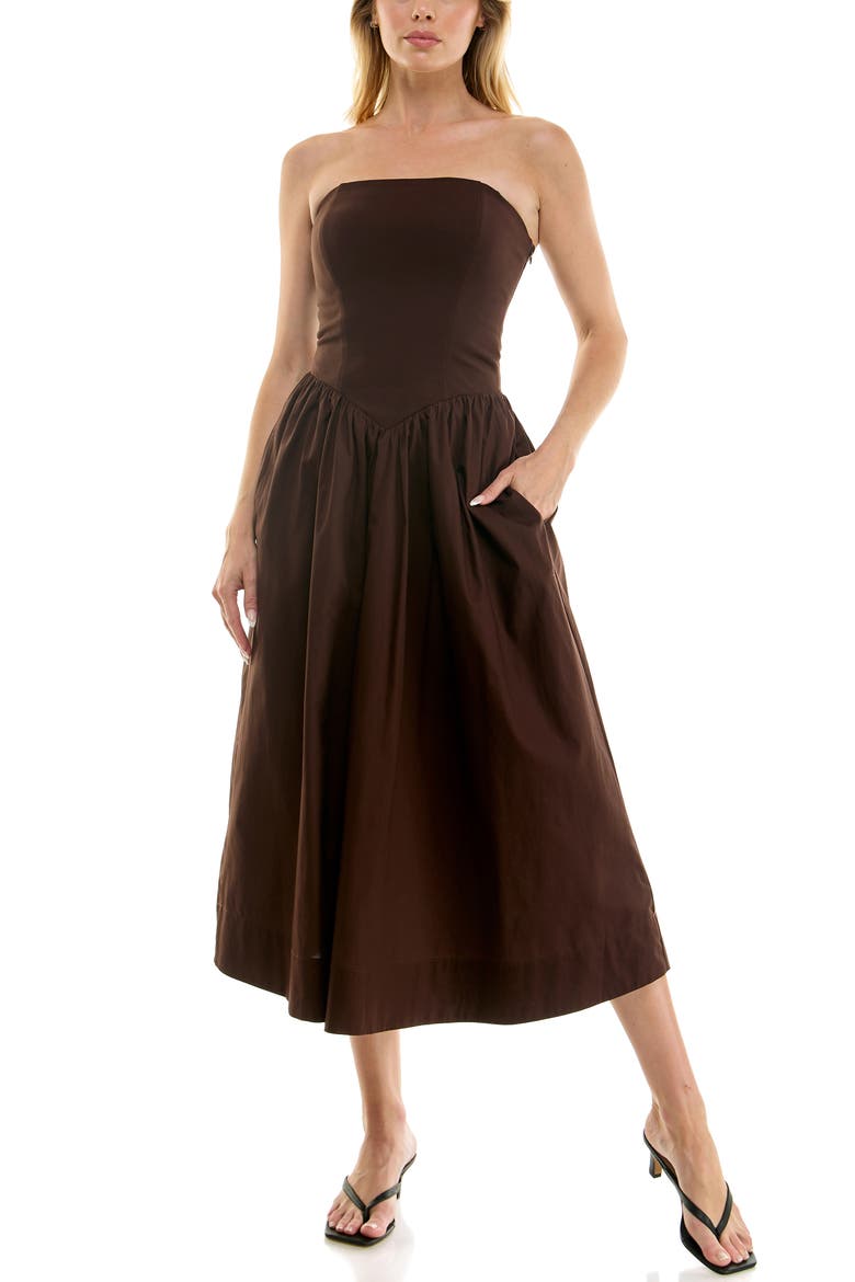 Mixed Media Strapless Midi Dress, Main, color, ESPRESSO
