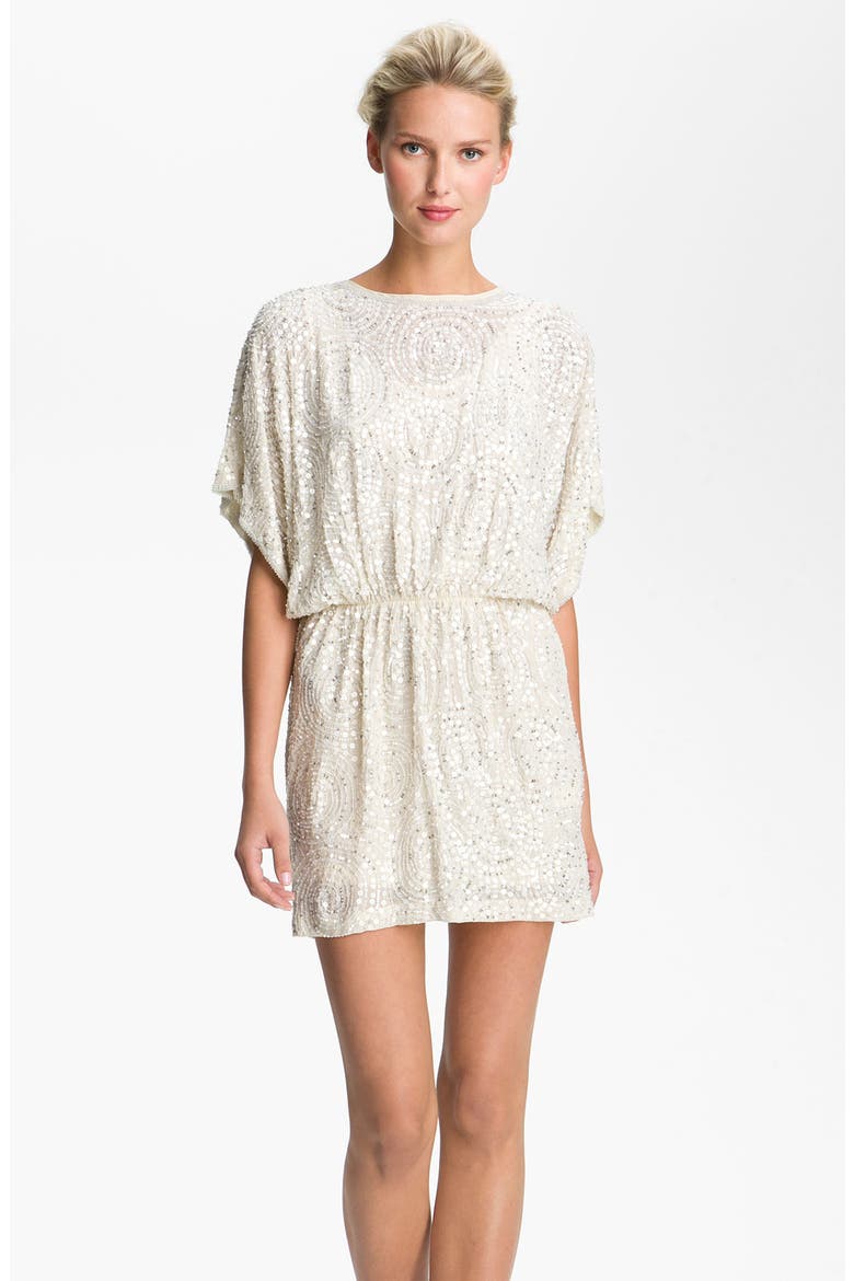Sequined Silk Blouson Dress, Main, color, OFF WHITE