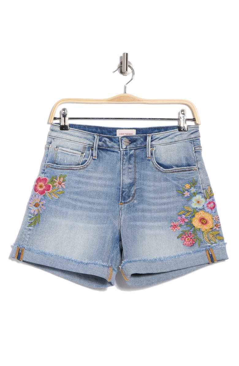 Driftwood Frannie x Artistic Floral Embroidered Denim Shorts, Alternate, color, 