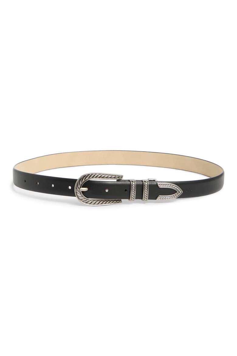 Skinny Western Buckle Belt, Main, color, BLACK SILVER
