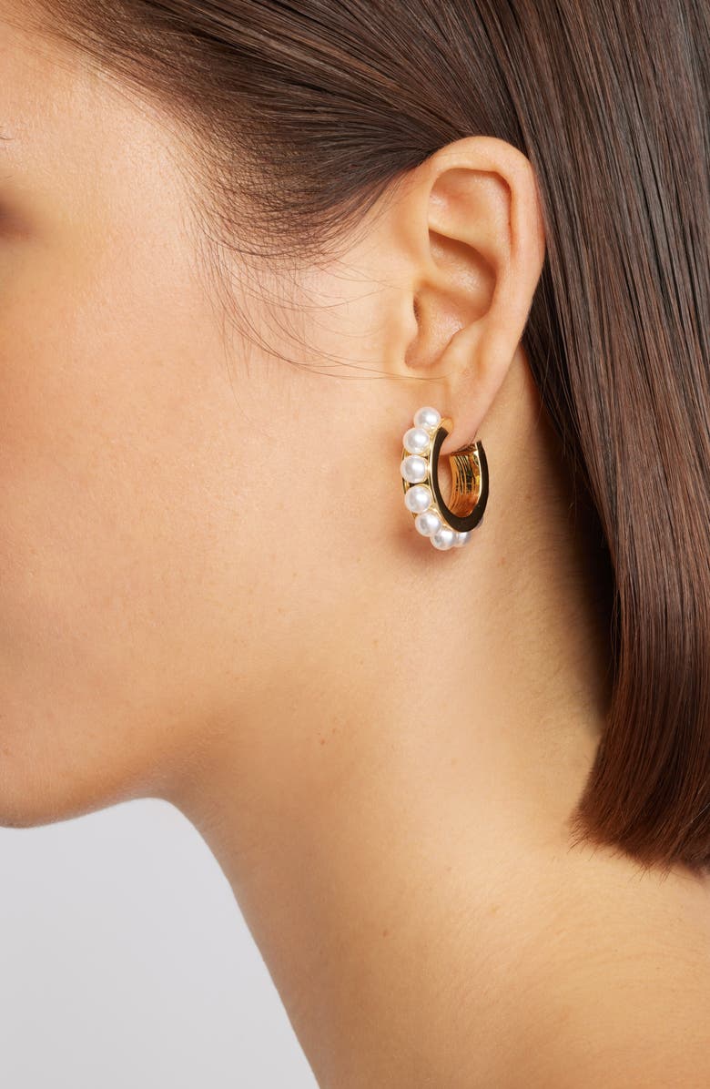 Kenneth Jay Lane Faux Pearl Hoop Earrings, Alternate, color, Gold