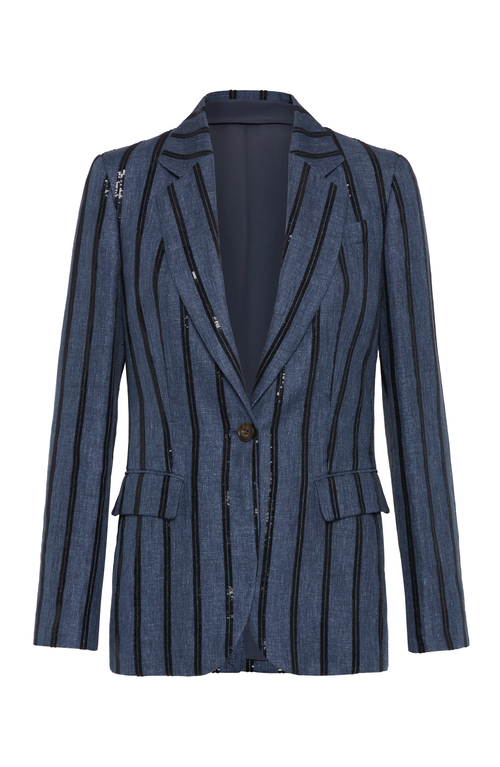 Brunello Cucinelli Paillette Striped Denim-effect Linen Single-breasted Blazer In Denim