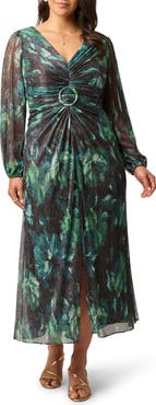 Adrianna Papell Metallic Floral Mesh Midi Dress