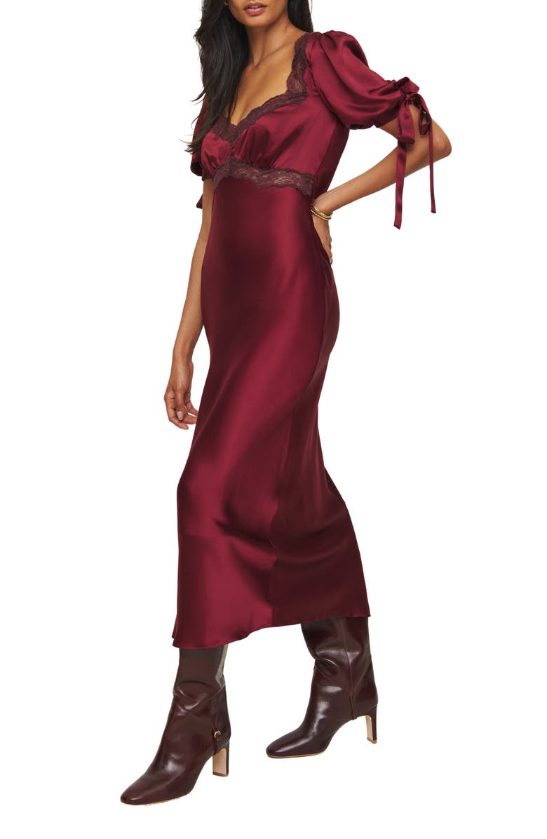 Reformation x Kacey Musgraves Stella Lace Trim Silk Midi Dress, Alternate, color, Crimson Clover